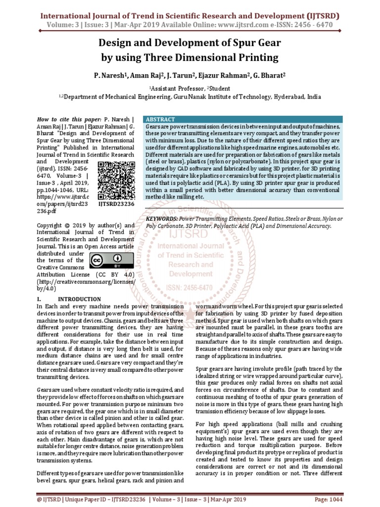 Design and Development of Spur Gear by Using Three Dimensional Printing ...