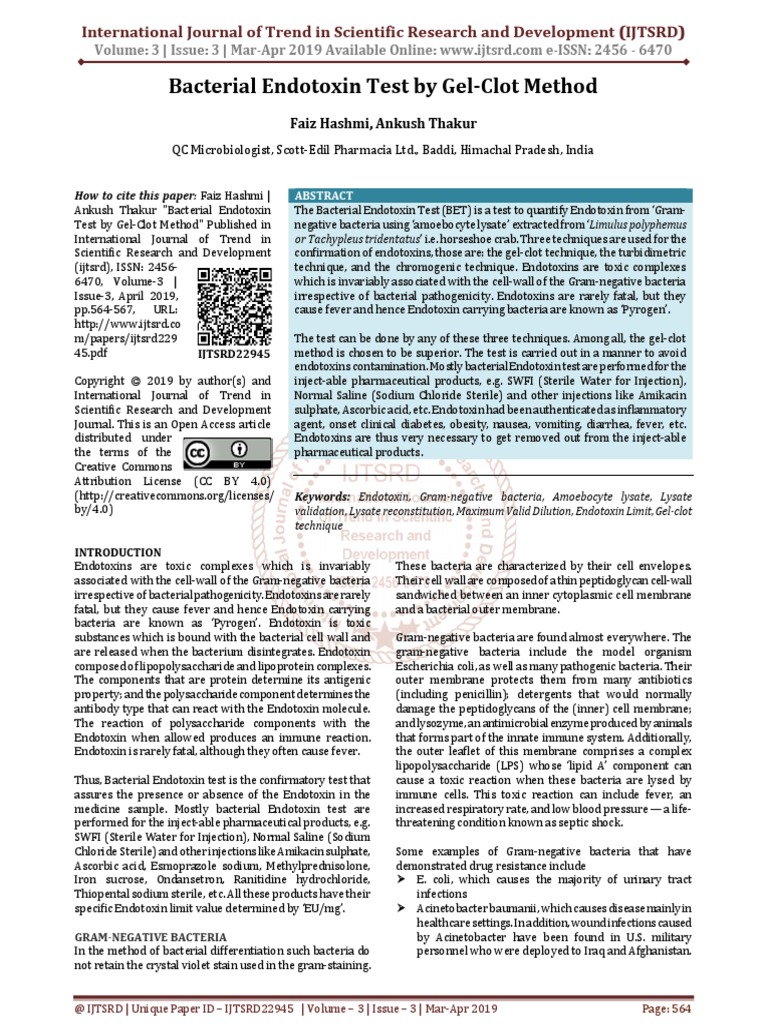 Bacterial Endotoxin Test by Gel Clot Method PDF Gram Negative