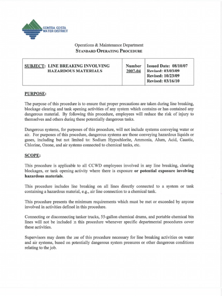 SOP On Line Breaking Involving Dangerous Materials PDF | PDF