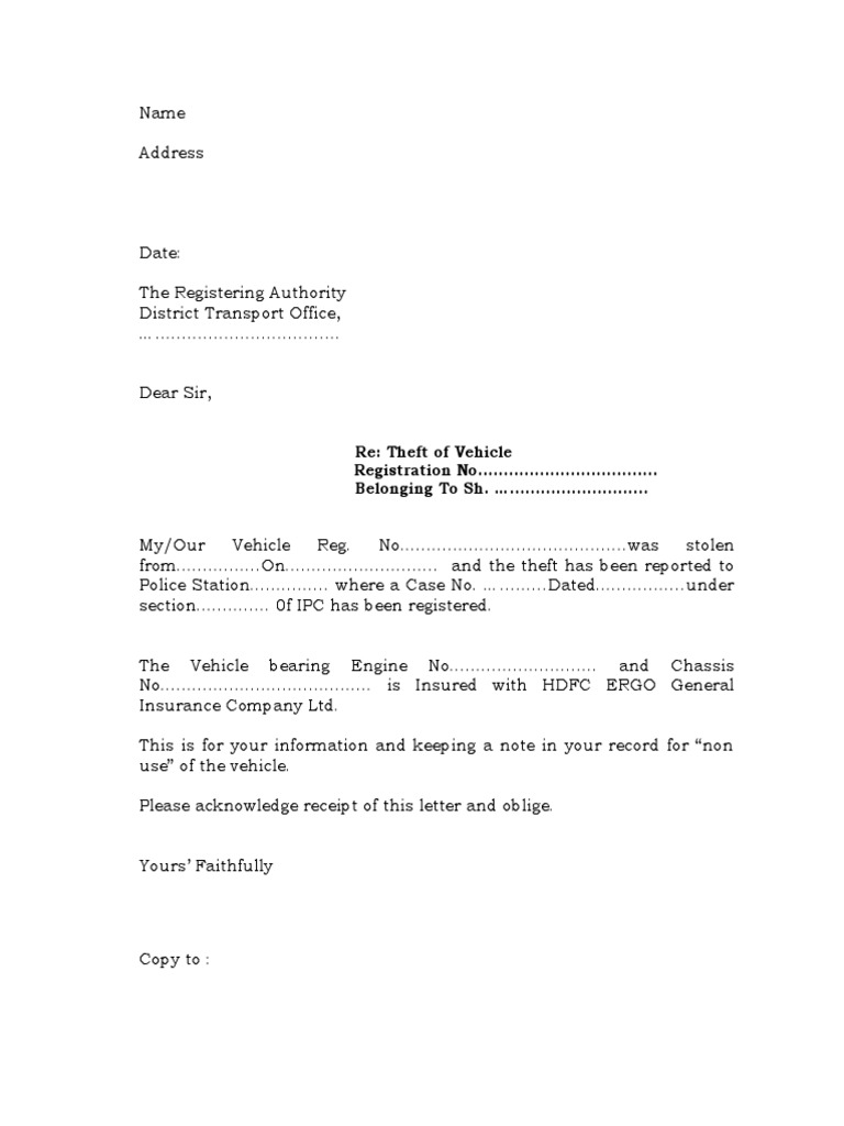 Format Letter To RTO For Vehicle Theft  PDF  Theft  Vehicles