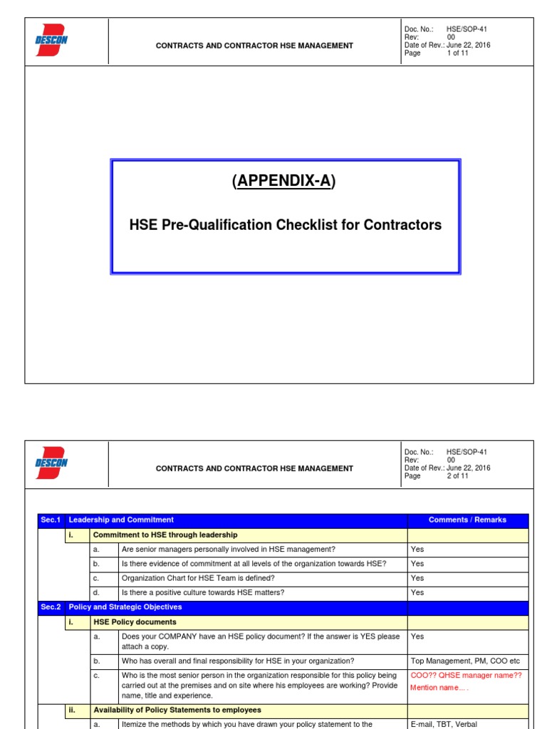HSE Prequalification Checklist for Contractors | PDF | Personal ...