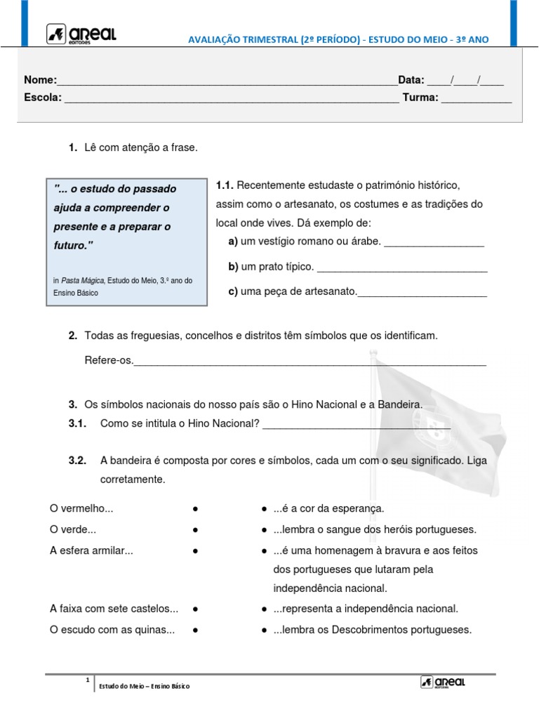 Ficha de Avaliação Trimestral - 3º Período - 3º Ano MAT - I | PDF ...