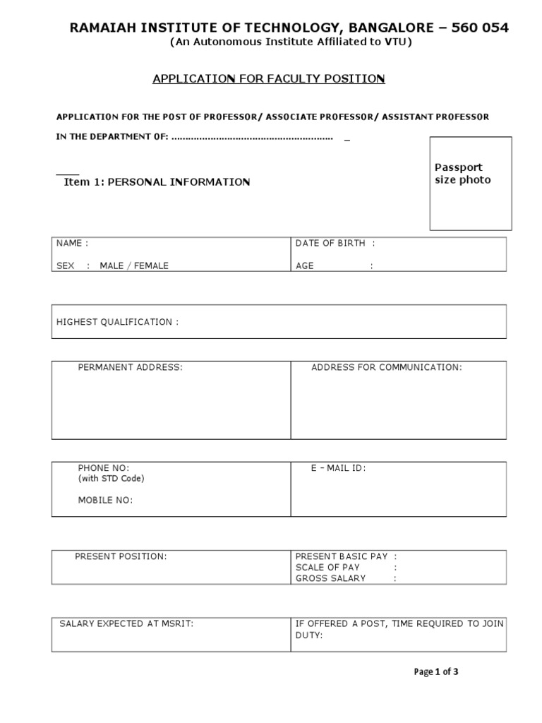 MSRIT Faculty Application Form 2025 | PDF | Academia
