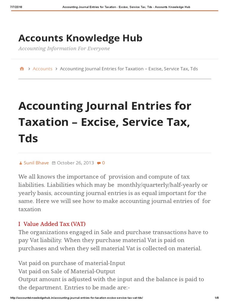 Accounting Journal Entries For Taxation Excise Service Tax Tds Accounts