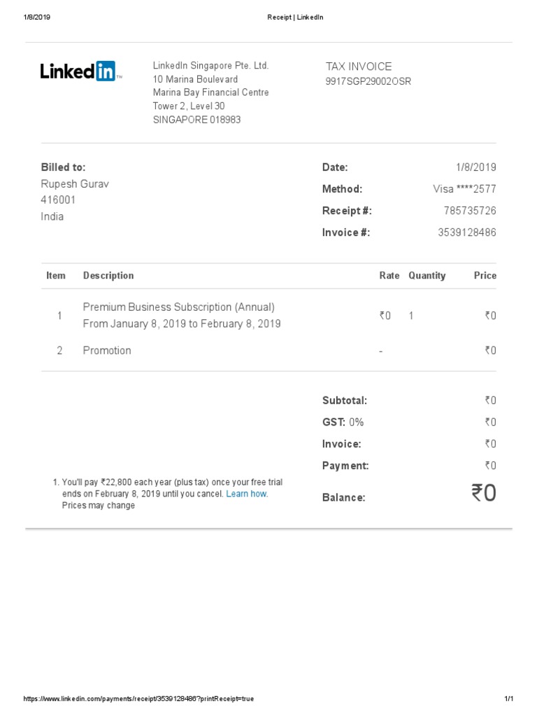 Receipt LinkedIn PDF PDF