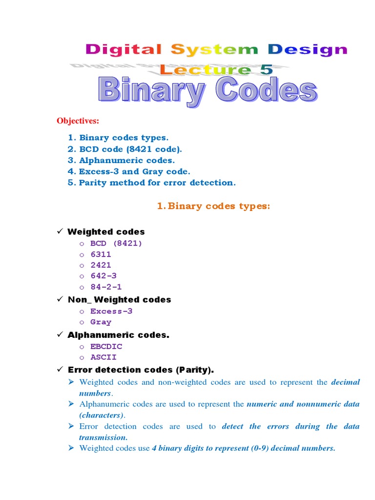 Lecture 5 Binary Codes | PDF | Binary Coded Decimal | Ebcdic