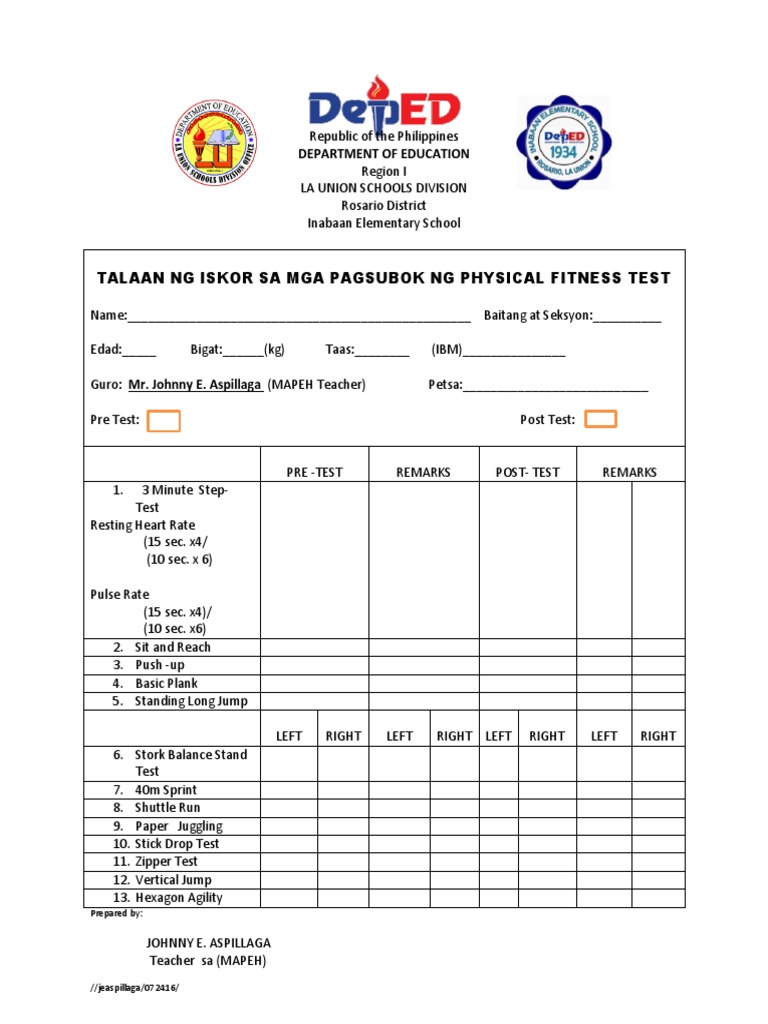 Physical Fitness Test Scorecard | PDF | Physical Exercise | Sports