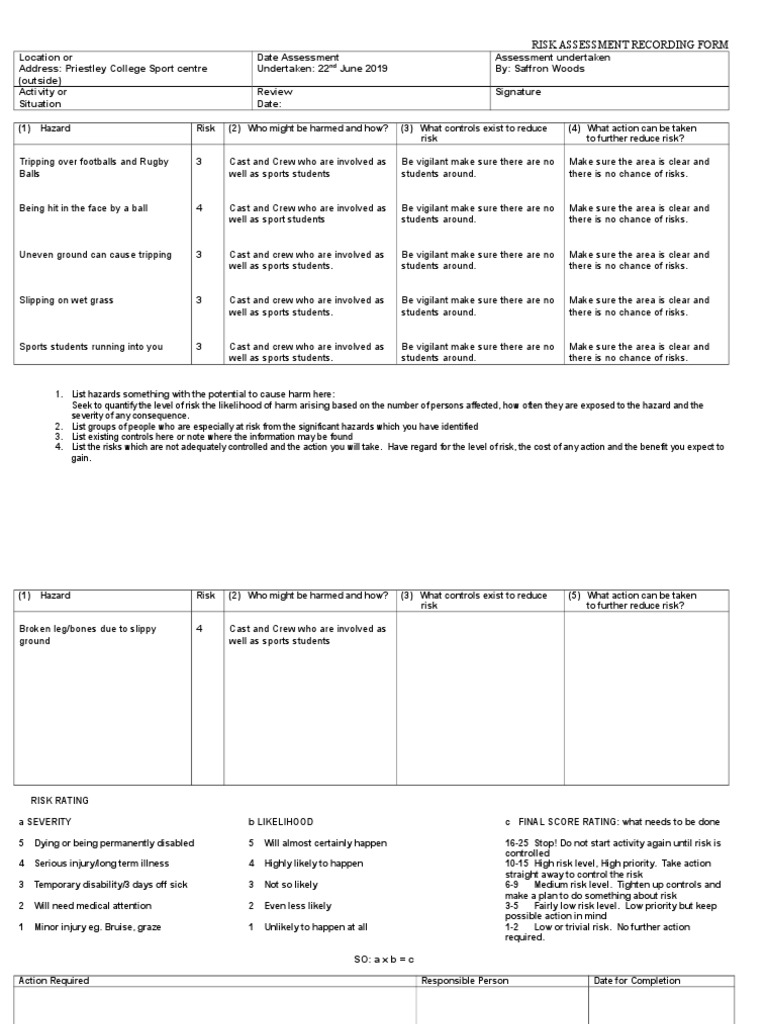 Risk Assessment Template (3) Sports Centre Outside | PDF | Hazards | Risk
