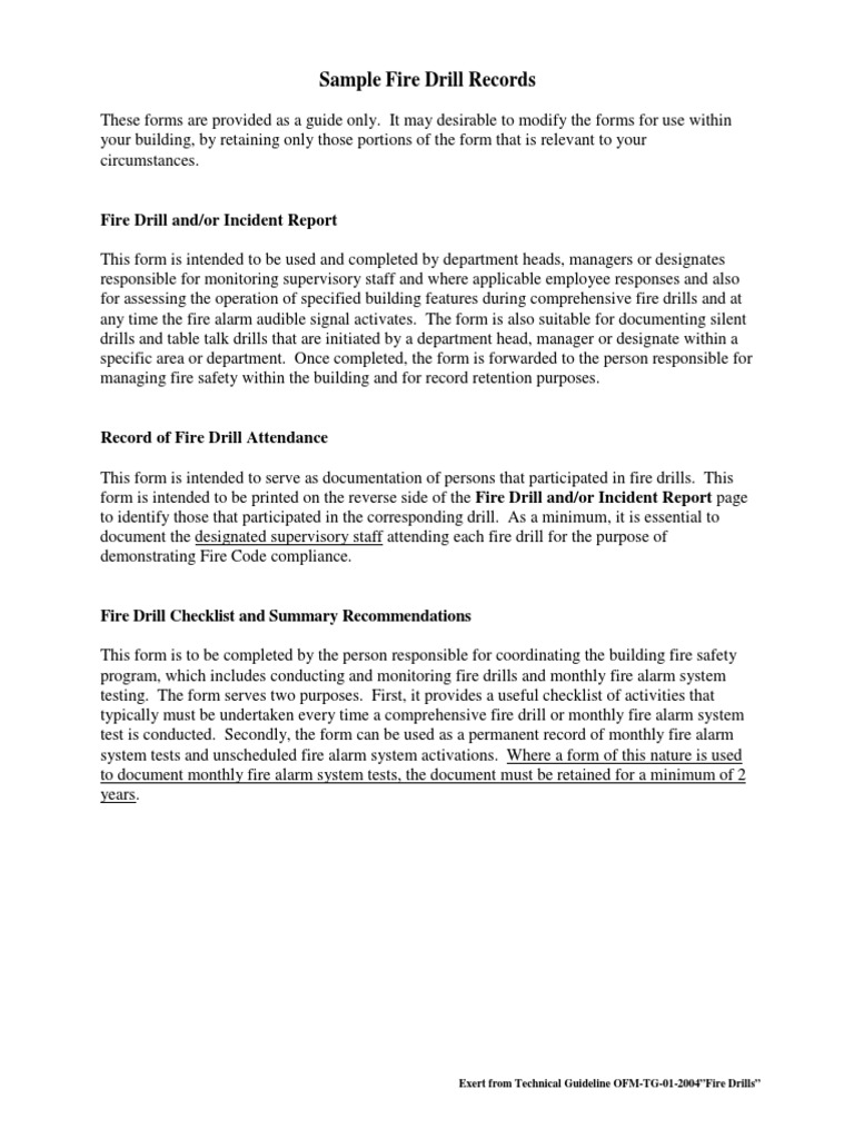 Sample Fire Drill Records Fire Safety Fires