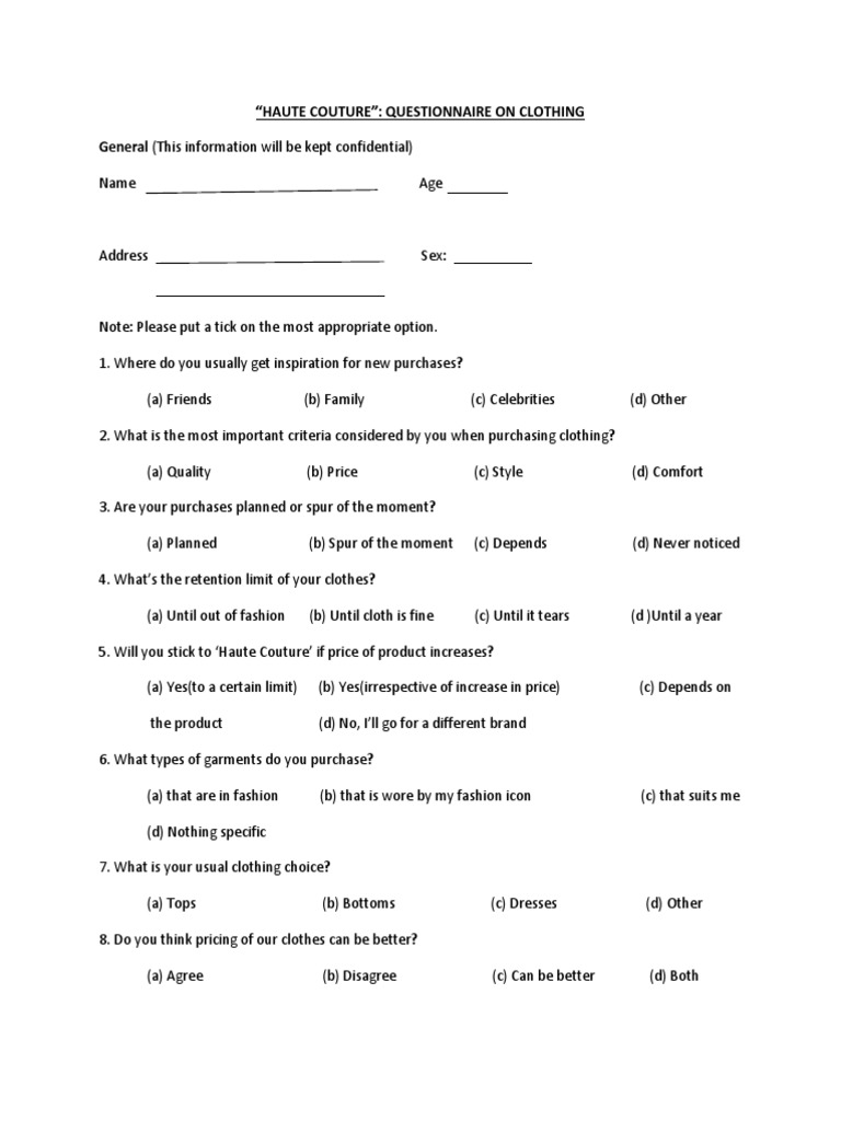 Questionnaire On Consumer Durables PDF Fashion Clothing
