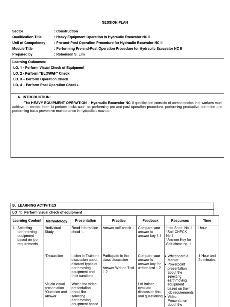 Hydraulic Excavator NC II Session Plan | PDF | Teaching Method | Cognition