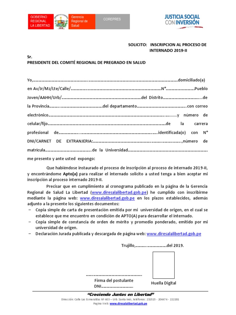 Formato n 1 Modelo de Solicitud Inscripcion Internado 2019