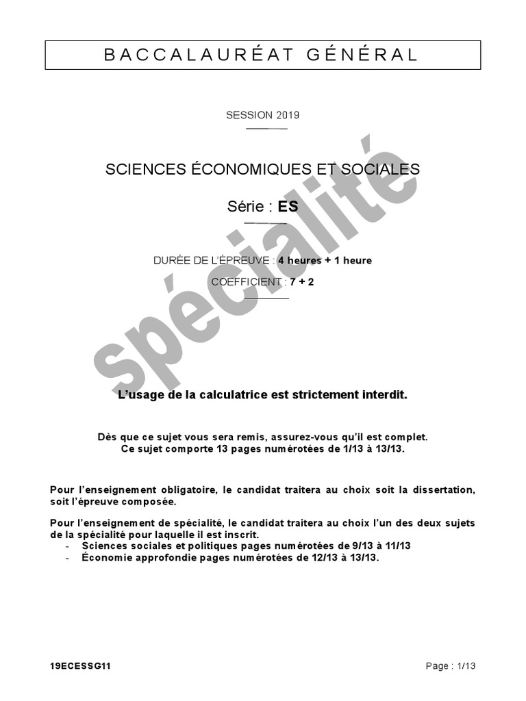 Sujets Bac SES ES Spé G1 PDF Union européenne France