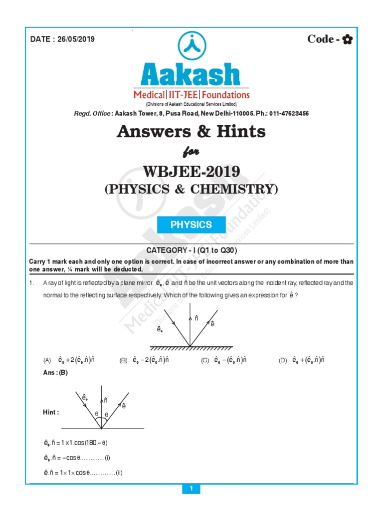 WBJEE-2019 Physics & Chemistry - Ans & Hints (DT 26-05-2019) | PDF ...