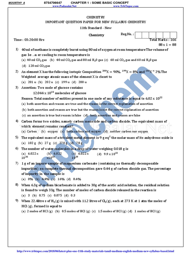 11th Chemistry Important Questions | PDF | Redox | Mole (Unit)