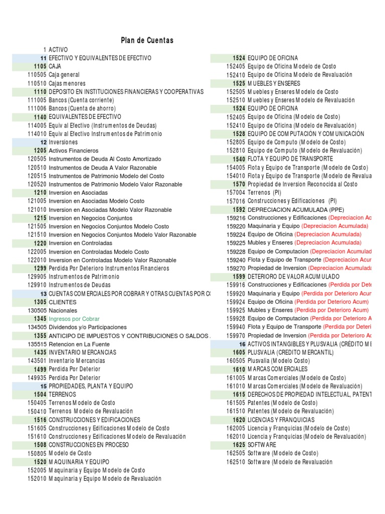 Plan de Cuentas bajo NIIF 2025 | PDF | Depreciación | Inversiones