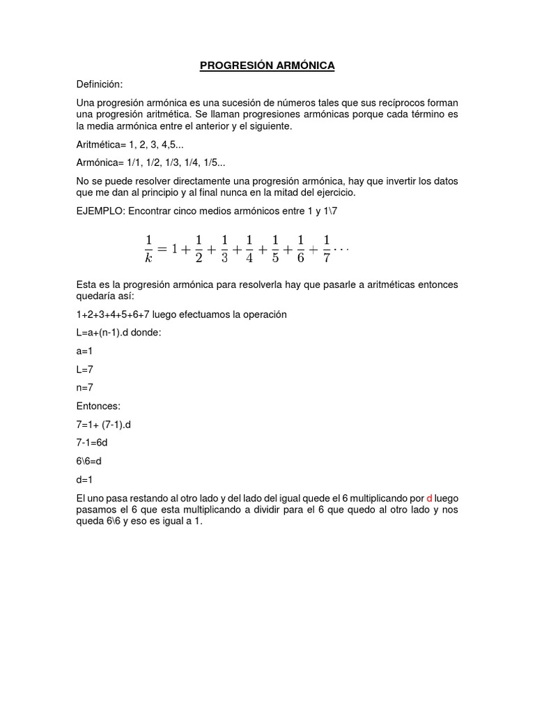 Progresión Armónica en Matemáticas | PDF | Enseñanza de matemática ...
