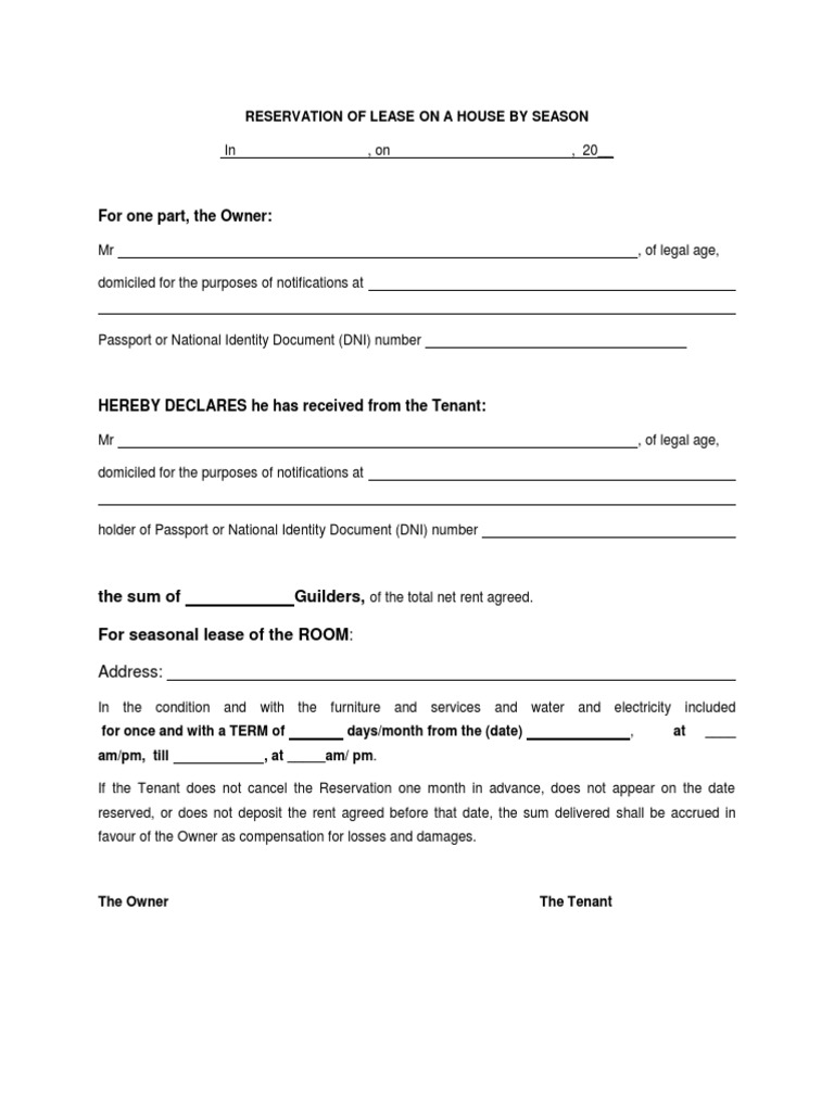 Reservation of Lease On A House by Season PDF Real Property Law Lease