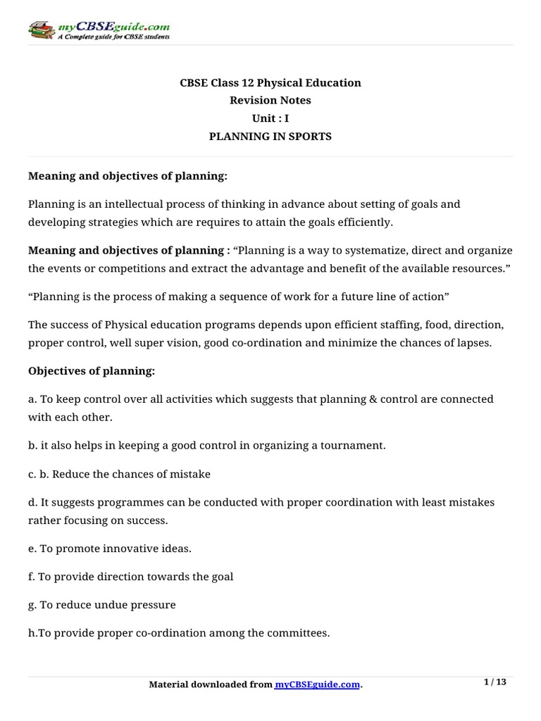 CBSE Class 12 Physical Education Revision Notes Unit: I Planning in