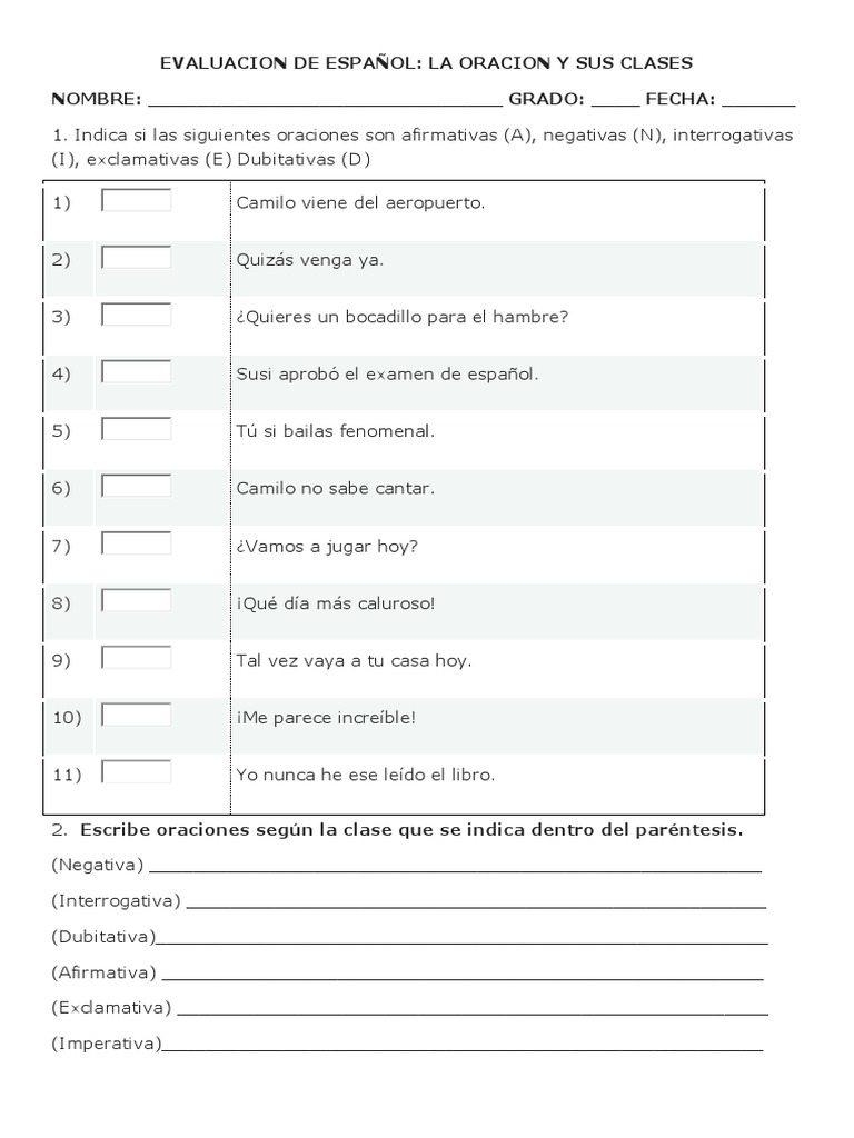 Clases de Oraciones para Primaria | PDF | Artes del Lenguaje y Comunicación