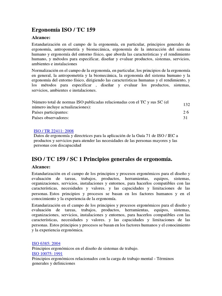 Relación Normas ISO TC159 2018 - Español | PDF | Factores humanos y ...