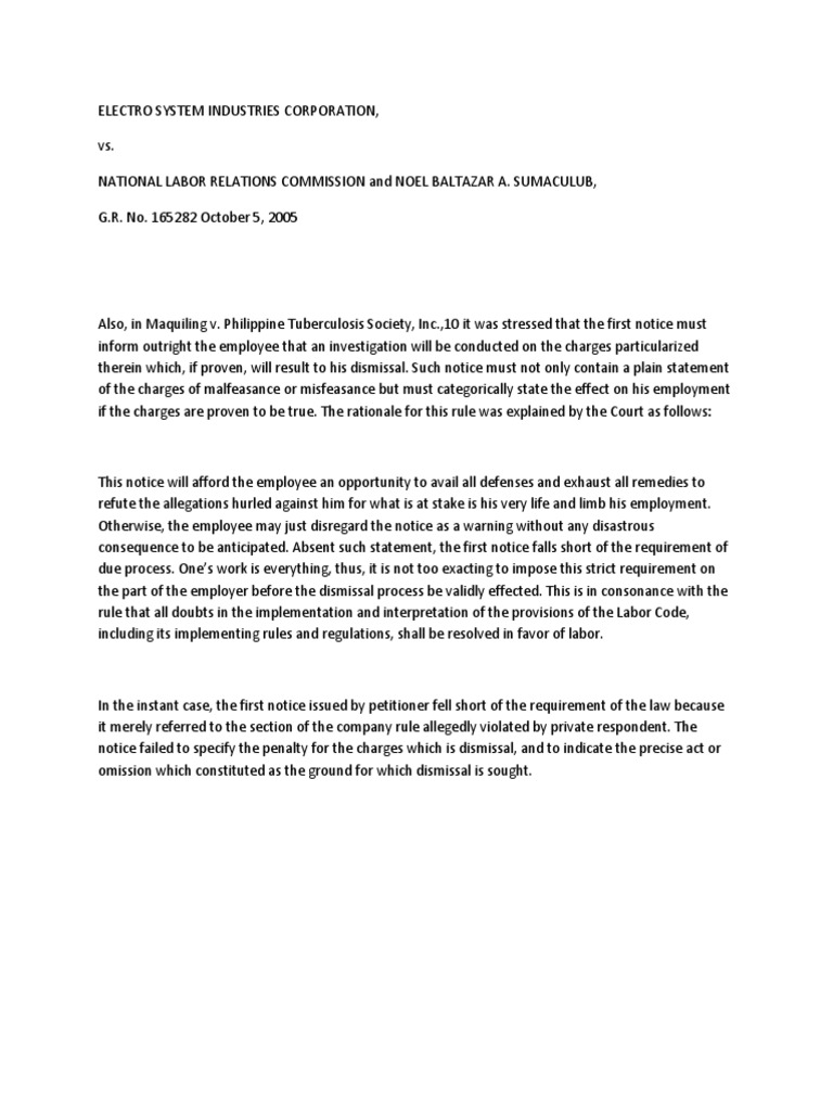 Electro System Industries Corp. vs. NLRC | PDF