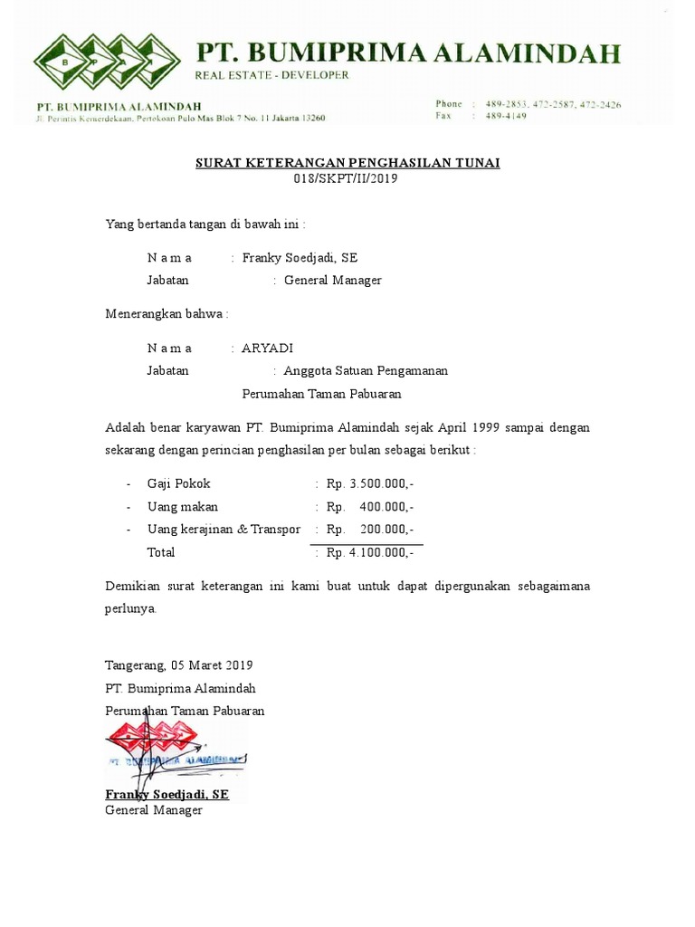Contoh Surat Keterangan Penghasilan Tunai Download Contoh Surat Yang Benar