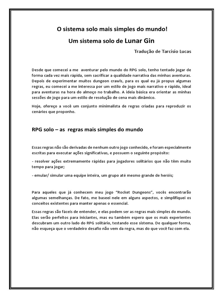 O RPG Solo Mais Simples Do Mundo | PDF | Jogos de RPG | Aventura