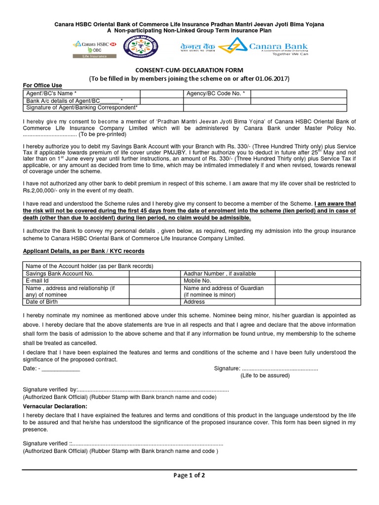 Pmjjby Choice Consent Cum Declaration Form Financial Services Insurance