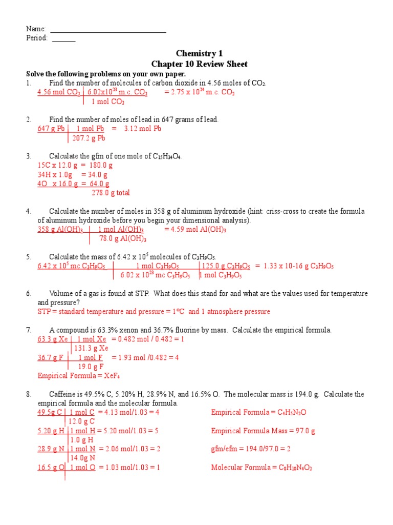 Chapter 10 Review Key Mole Unit Carbon Dioxide