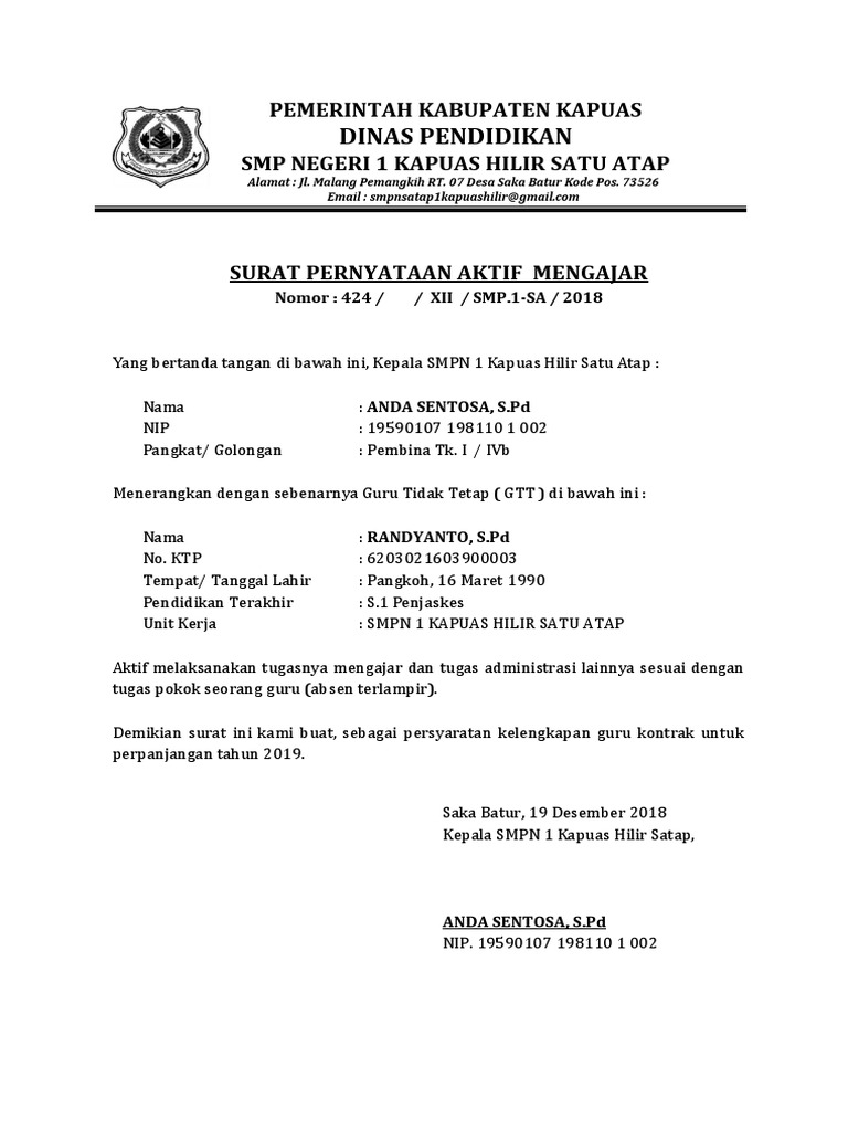 Surat Aktif Mengajar Guru Kontrak Pdf