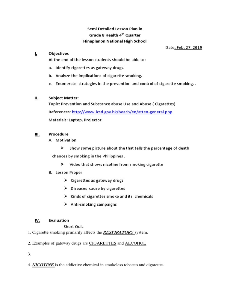 Semi Detailed Lesson Plan In Healht Tobacco Smoking Addiction