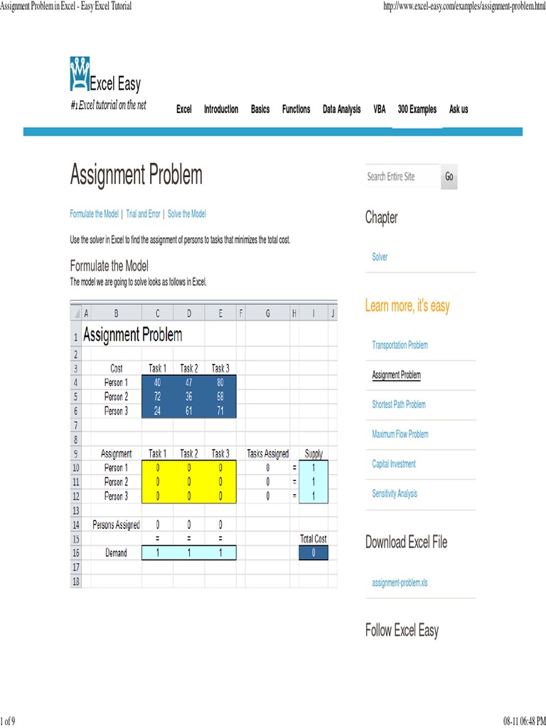 Assignment Problem in Excel - Easy Excel Tutorial | PDF | Microsoft ...