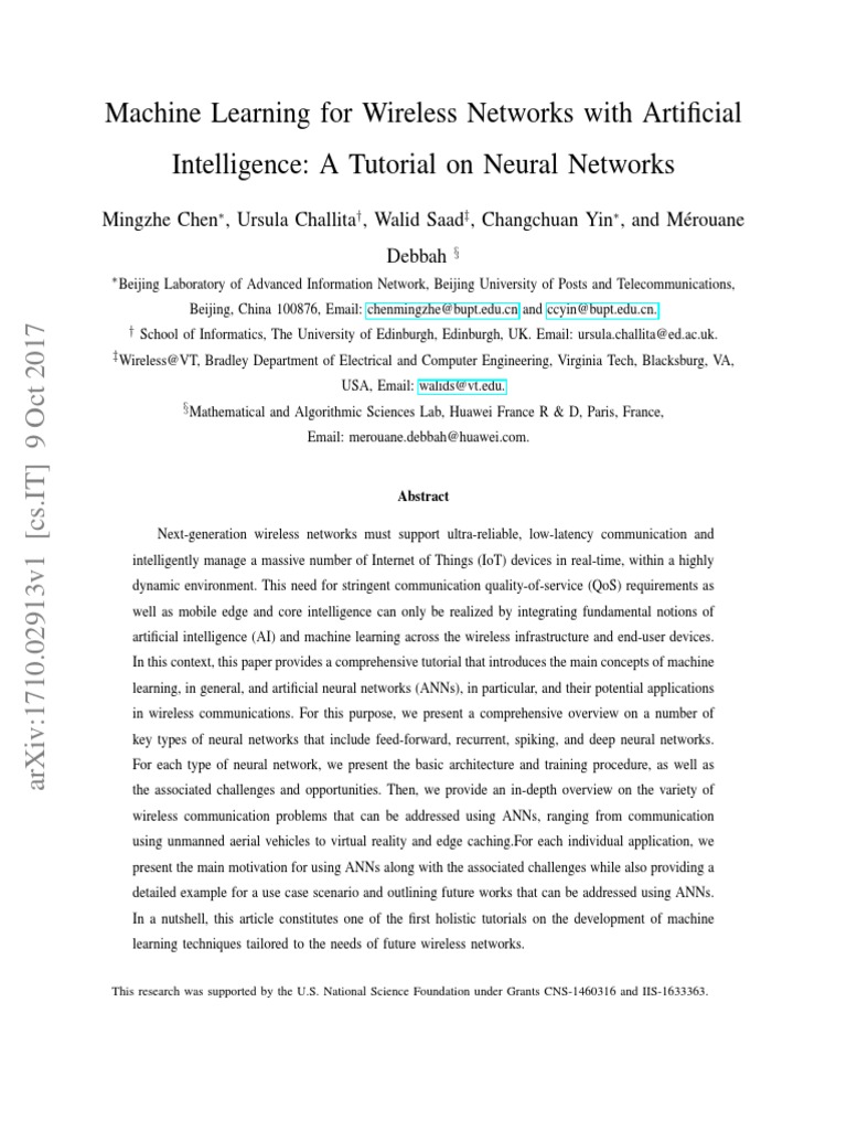 Machine Learning For Wireless Networks With Artificial Intelligence: A ...
