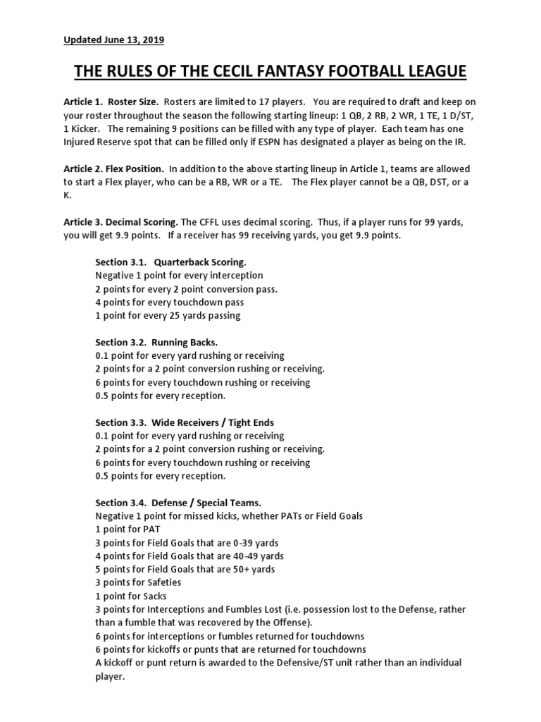 The Rules of The Cecil Fantasy Football League | PDF | American ...