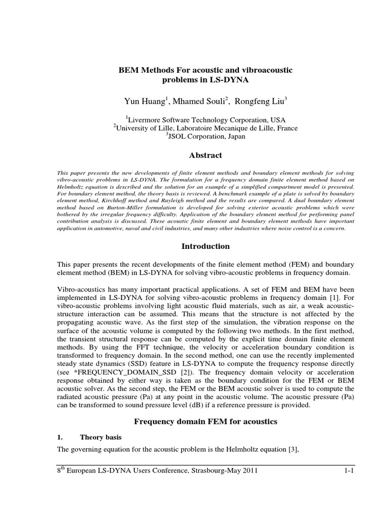 BEM Methods For Acoustic and Vibroacoustic Problems in LS-DYNA | PDF ...