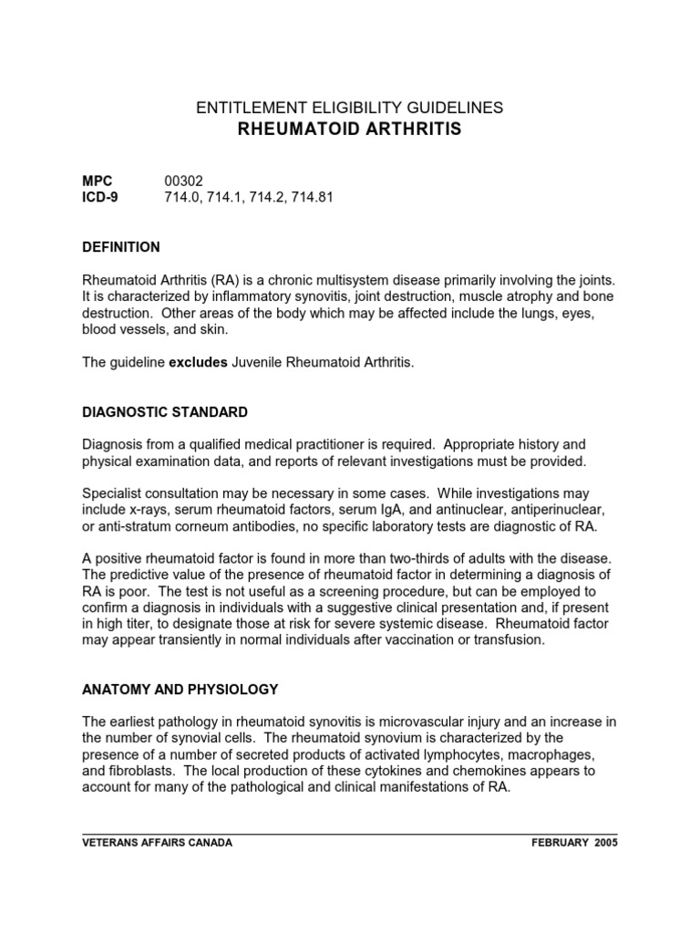 Rheumatoid Arthritis Entitlement Eligibility Guidelines PDF