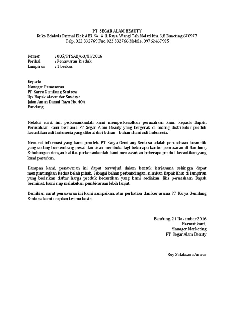 Contoh Surat Penawaran Produk Kecantikan