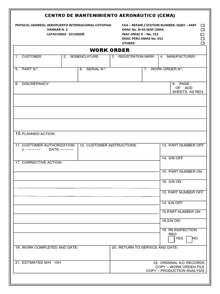 Aircraft Maintenance Work Order Form | PDF