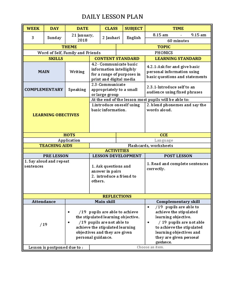Daily Lesson Plan Language Phonics Lesson Plan