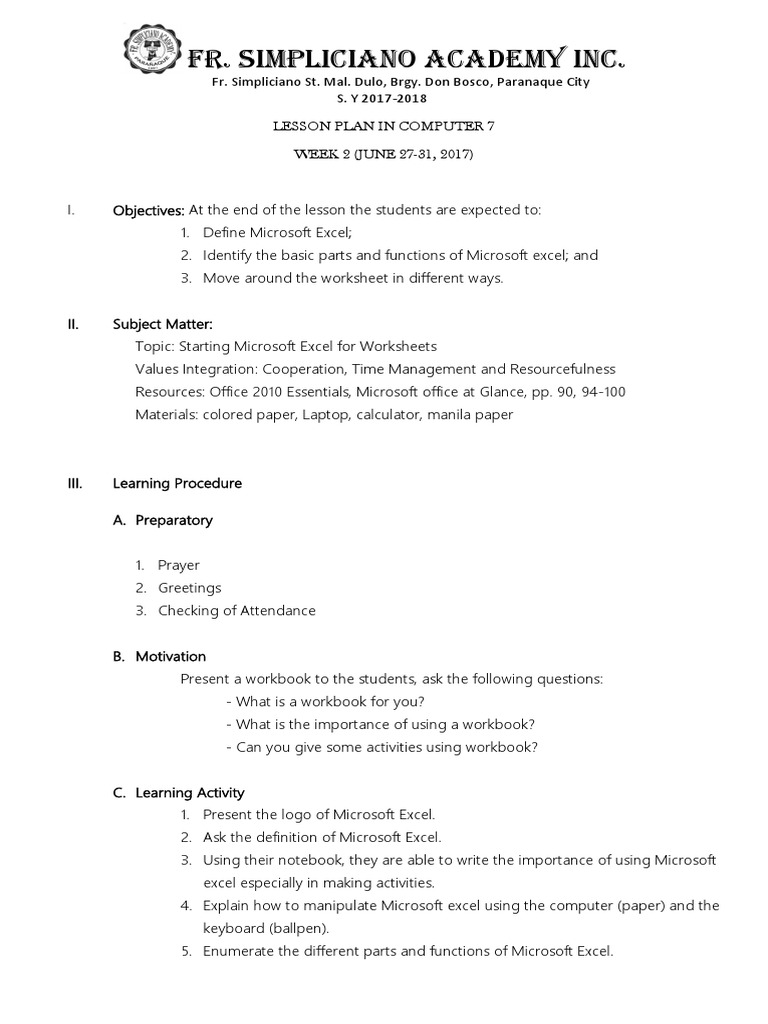 Lesson Plan in COMP 7 2ND Week | PDF | Microsoft Excel | Worksheet