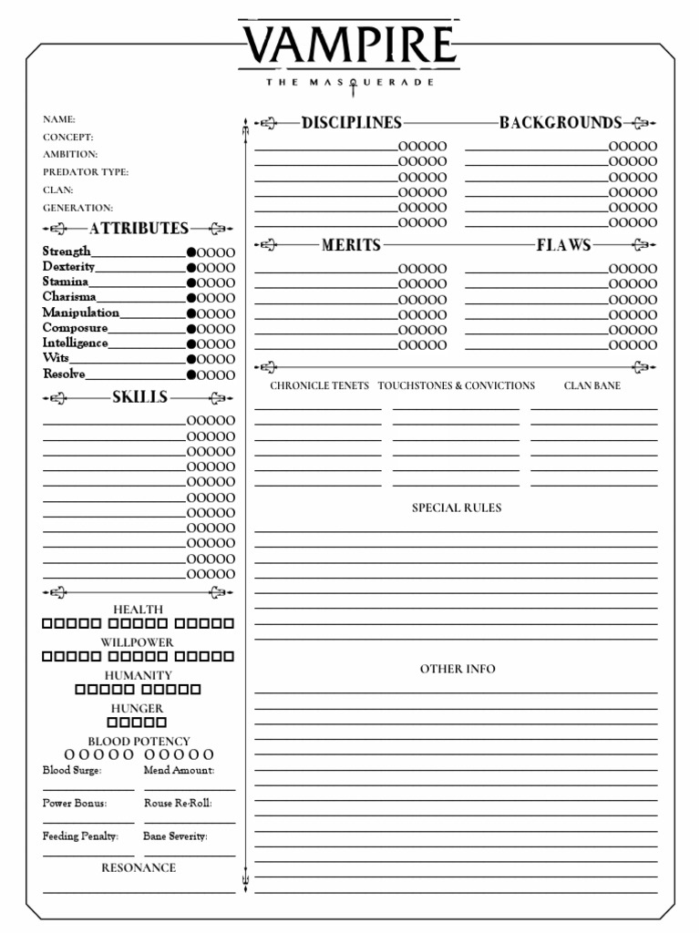 Vampire: The Masquerade 5th Edition Roleplaying Game PDF Fillable Character  Sheet