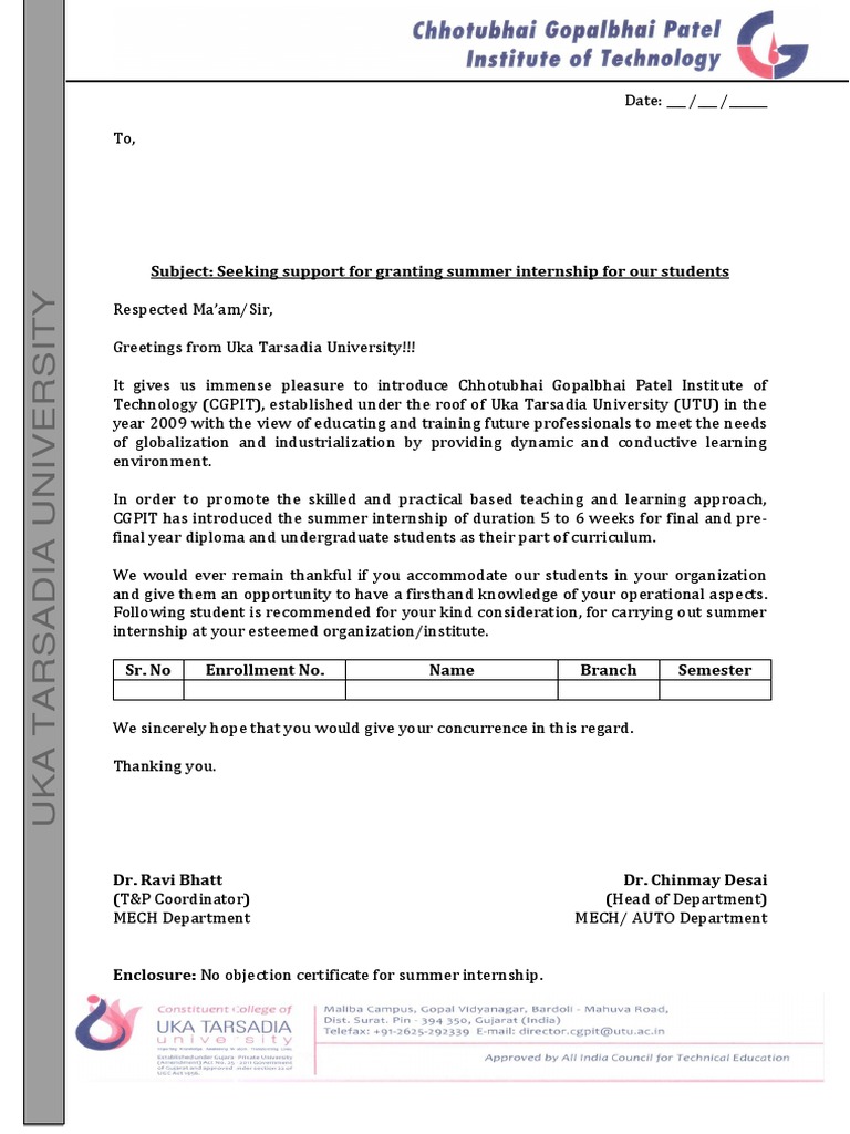 Internship Request for Student Placement | PDF