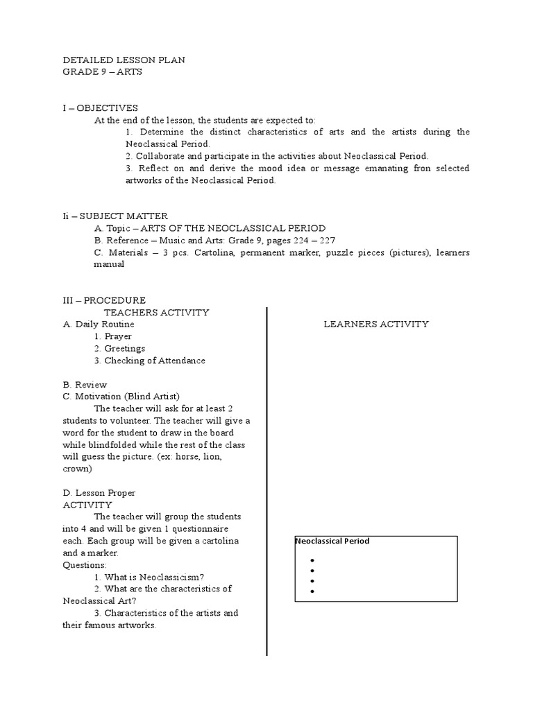 Lesson Plan In MAPEH GRADE 9 ARTS Paintings Arts General 
