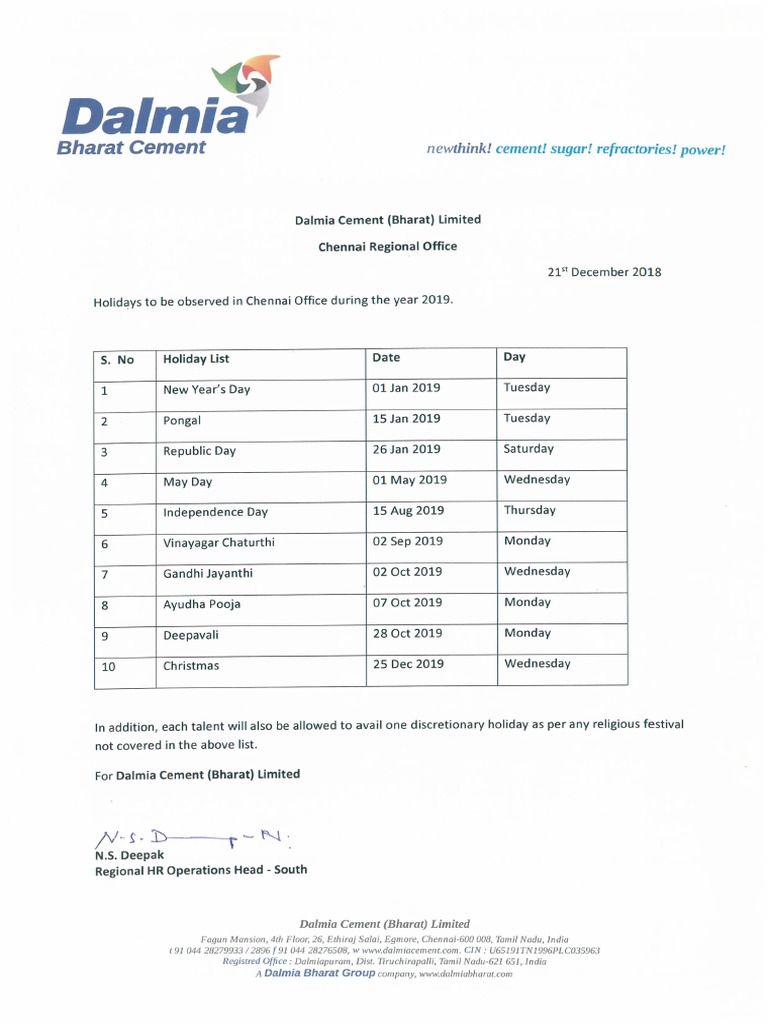 List of Holidays Chennai PDF