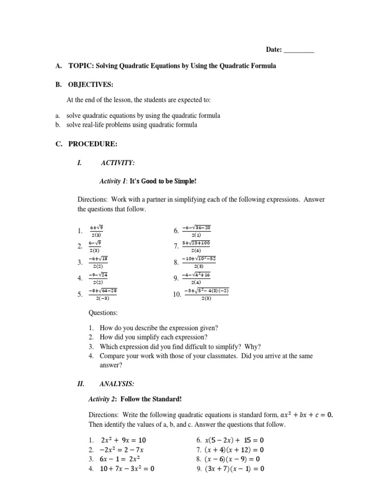 Quadratic Formula Lesson Plan | PDF | Quadratic Equation | Equations