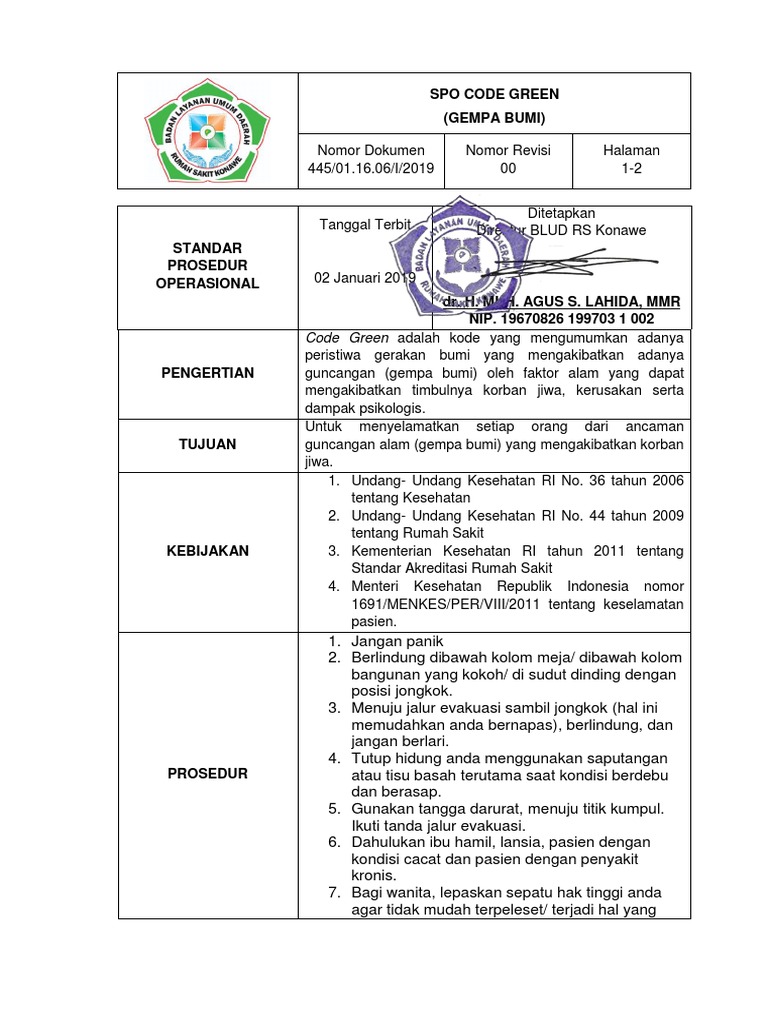 Prosedur Code Green Gempa Bumi | PDF | Kesehatan Holistik