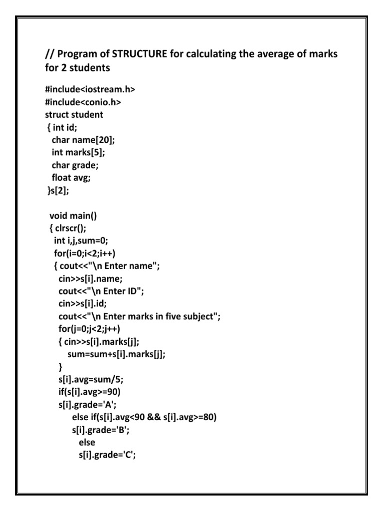 Program of STRUCTURE For Calculating The Average of Marks For 2 ...