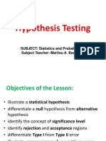 Hypothesis Testing: SUBJECT: Statistics and Probability Subject Teacher: Marilou A. Basilio
