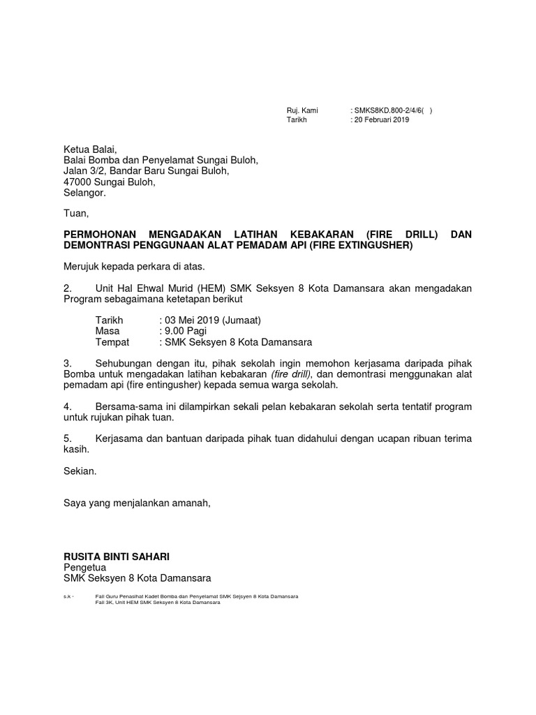 Surat Program Latihan Kebakaran 2019